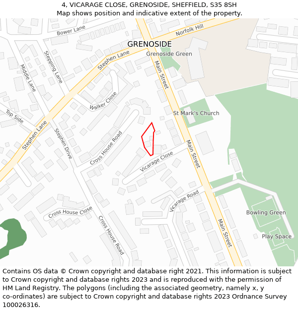 4, VICARAGE CLOSE, GRENOSIDE, SHEFFIELD, S35 8SH: Location map and indicative extent of plot