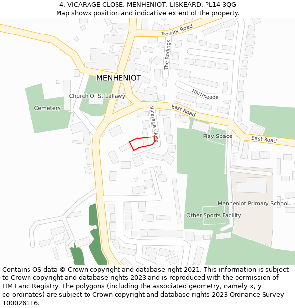 4, VICARAGE CLOSE, MENHENIOT, LISKEARD, PL14 3QG: Location map and indicative extent of plot