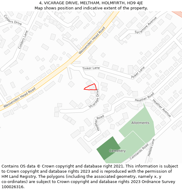 4, VICARAGE DRIVE, MELTHAM, HOLMFIRTH, HD9 4JE: Location map and indicative extent of plot