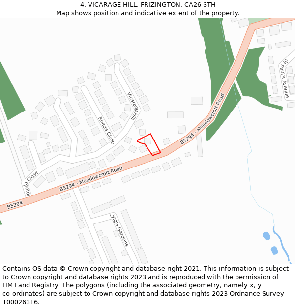 4, VICARAGE HILL, FRIZINGTON, CA26 3TH: Location map and indicative extent of plot