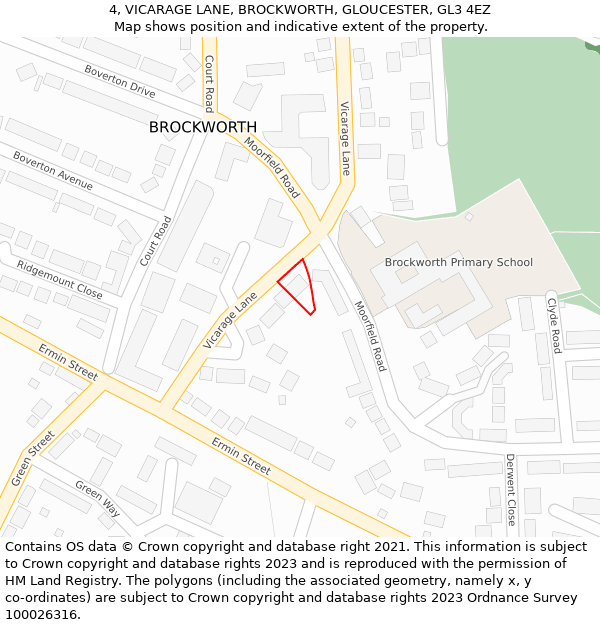 4, VICARAGE LANE, BROCKWORTH, GLOUCESTER, GL3 4EZ: Location map and indicative extent of plot