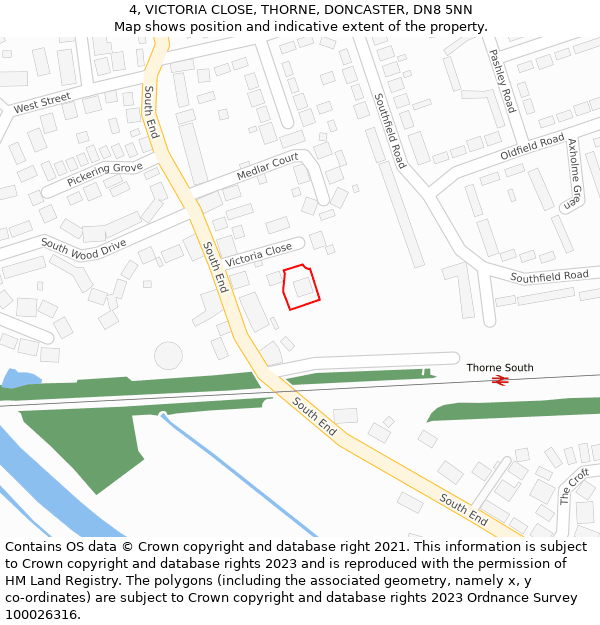 4, VICTORIA CLOSE, THORNE, DONCASTER, DN8 5NN: Location map and indicative extent of plot