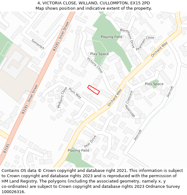 4, VICTORIA CLOSE, WILLAND, CULLOMPTON, EX15 2PD: Location map and indicative extent of plot