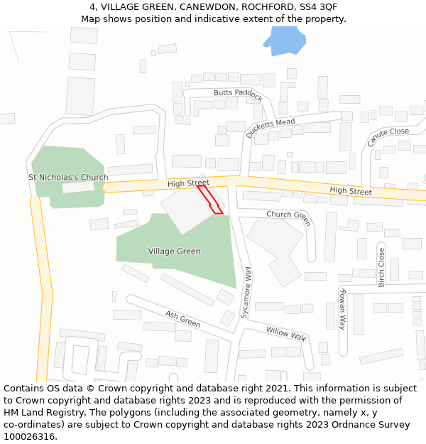 4, VILLAGE GREEN, CANEWDON, ROCHFORD, SS4 3QF: Location map and indicative extent of plot