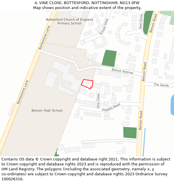 4, VINE CLOSE, BOTTESFORD, NOTTINGHAM, NG13 0FW: Location map and indicative extent of plot