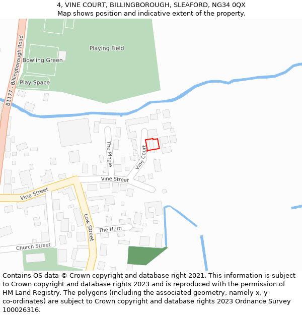 4, VINE COURT, BILLINGBOROUGH, SLEAFORD, NG34 0QX: Location map and indicative extent of plot