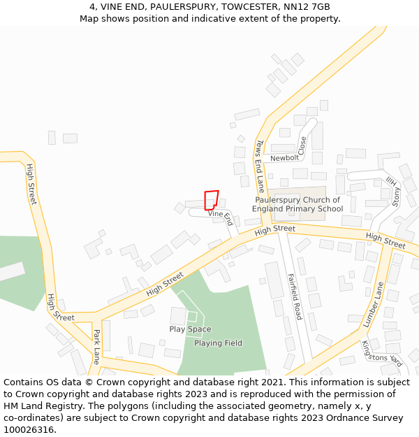 4, VINE END, PAULERSPURY, TOWCESTER, NN12 7GB: Location map and indicative extent of plot