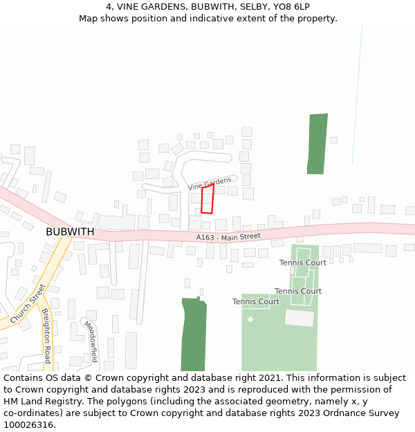 4, VINE GARDENS, BUBWITH, SELBY, YO8 6LP: Location map and indicative extent of plot