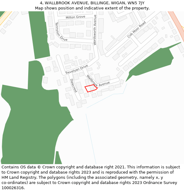 4, WALLBROOK AVENUE, BILLINGE, WIGAN, WN5 7JY: Location map and indicative extent of plot