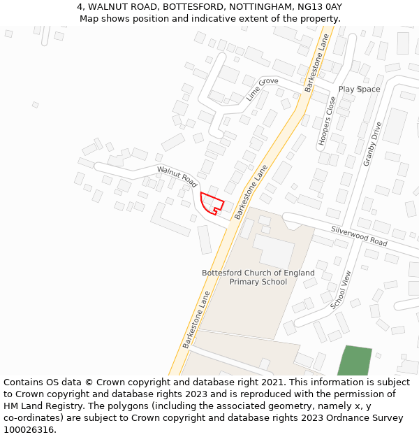 4, WALNUT ROAD, BOTTESFORD, NOTTINGHAM, NG13 0AY: Location map and indicative extent of plot