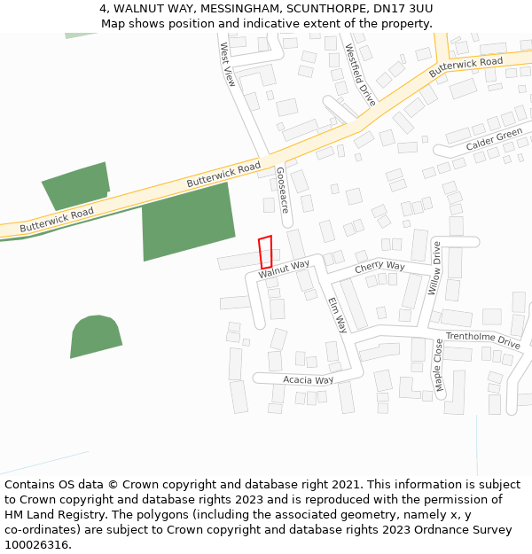 4, WALNUT WAY, MESSINGHAM, SCUNTHORPE, DN17 3UU: Location map and indicative extent of plot