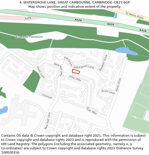 4, WATERGROVE LANE, GREAT CAMBOURNE, CAMBRIDGE, CB23 6GP: Location map and indicative extent of plot