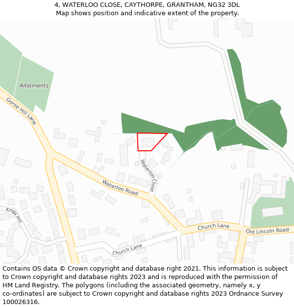 4, WATERLOO CLOSE, CAYTHORPE, GRANTHAM, NG32 3DL: Location map and indicative extent of plot