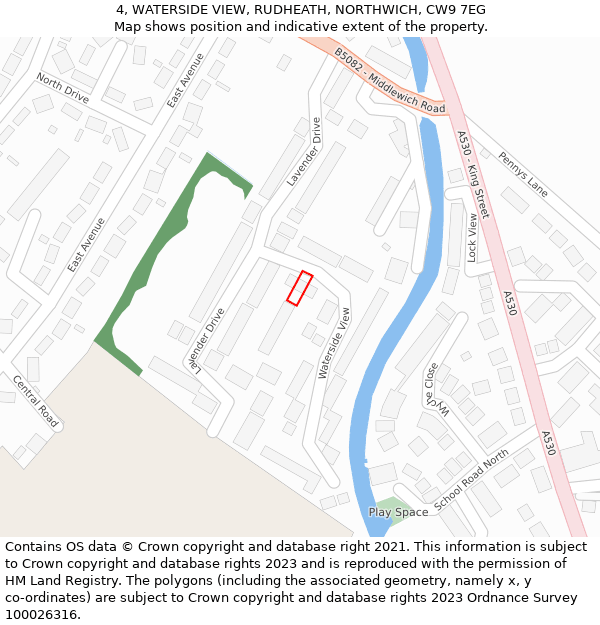 4, WATERSIDE VIEW, RUDHEATH, NORTHWICH, CW9 7EG: Location map and indicative extent of plot