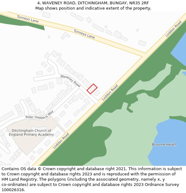 4, WAVENEY ROAD, DITCHINGHAM, BUNGAY, NR35 2RF: Location map and indicative extent of plot