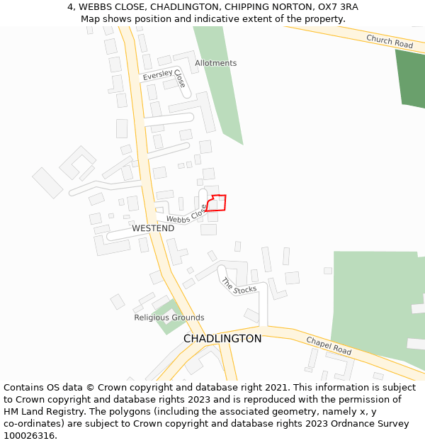 4, WEBBS CLOSE, CHADLINGTON, CHIPPING NORTON, OX7 3RA: Location map and indicative extent of plot