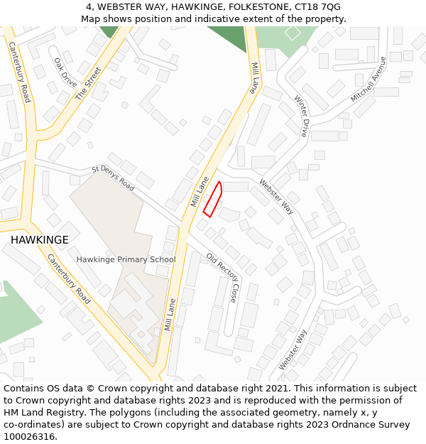 4, WEBSTER WAY, HAWKINGE, FOLKESTONE, CT18 7QG: Location map and indicative extent of plot