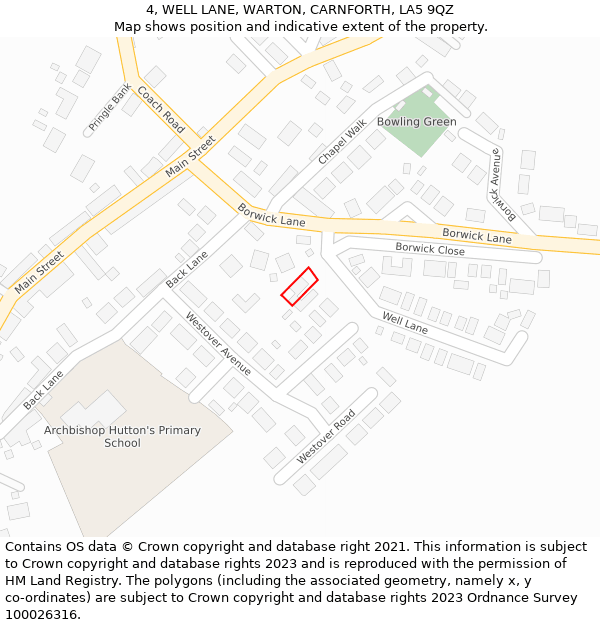 4, WELL LANE, WARTON, CARNFORTH, LA5 9QZ: Location map and indicative extent of plot