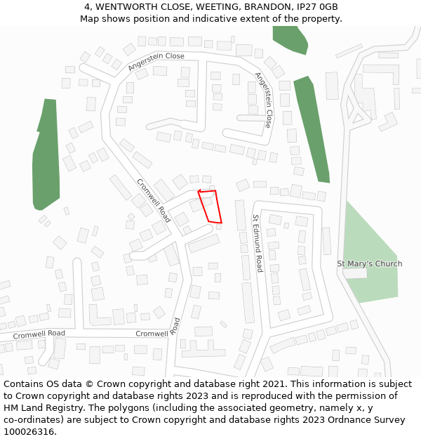 4, WENTWORTH CLOSE, WEETING, BRANDON, IP27 0GB: Location map and indicative extent of plot