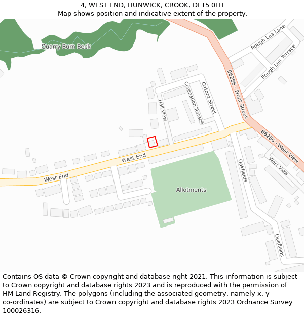 4, WEST END, HUNWICK, CROOK, DL15 0LH: Location map and indicative extent of plot