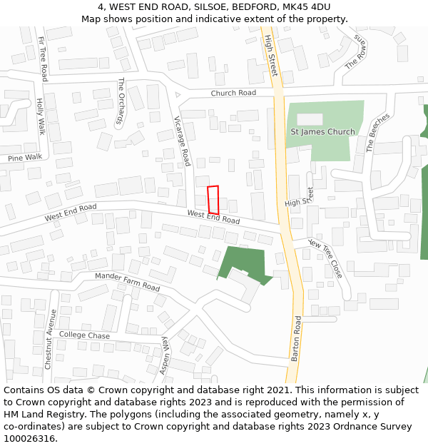 4, WEST END ROAD, SILSOE, BEDFORD, MK45 4DU: Location map and indicative extent of plot