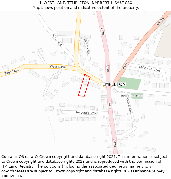4, WEST LANE, TEMPLETON, NARBERTH, SA67 8SX: Location map and indicative extent of plot
