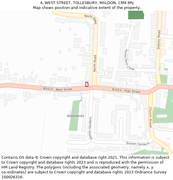 4, WEST STREET, TOLLESBURY, MALDON, CM9 8RJ: Location map and indicative extent of plot