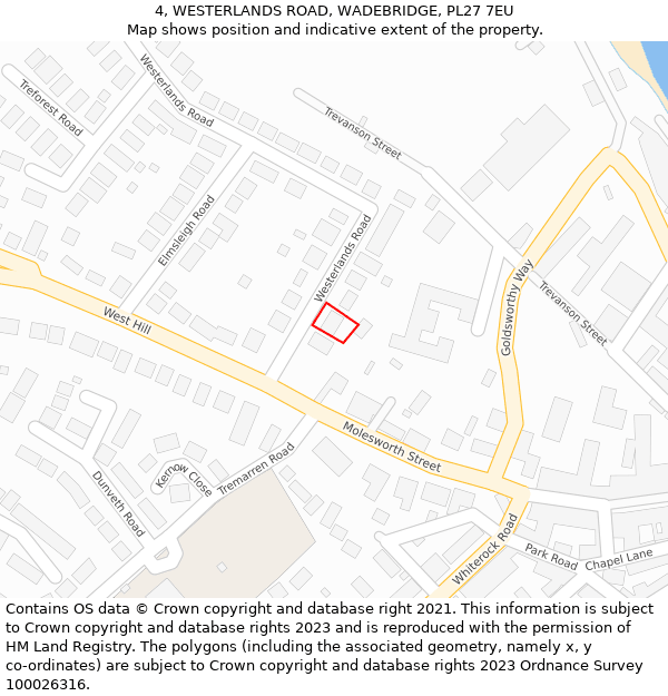 4, WESTERLANDS ROAD, WADEBRIDGE, PL27 7EU: Location map and indicative extent of plot