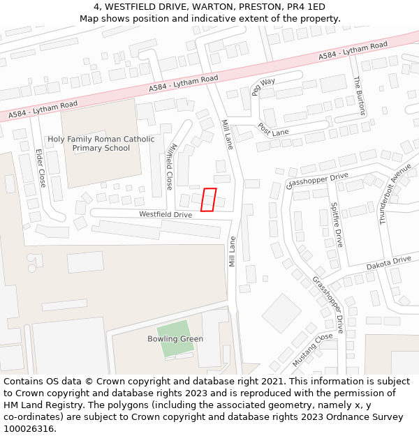 4, WESTFIELD DRIVE, WARTON, PRESTON, PR4 1ED: Location map and indicative extent of plot