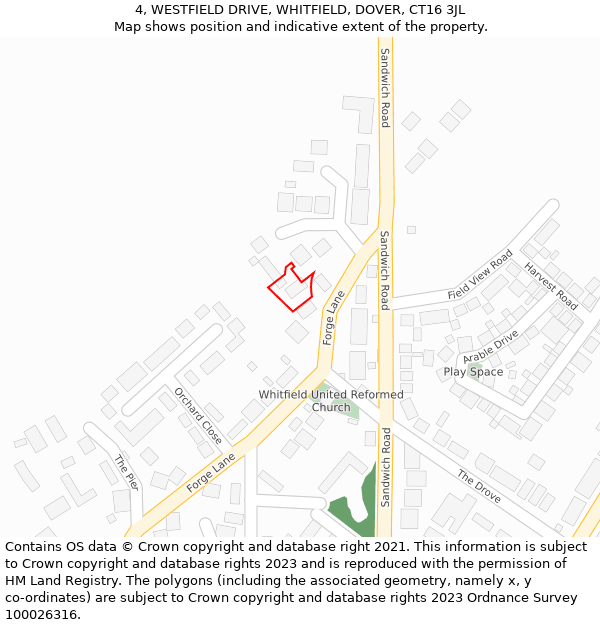 4, WESTFIELD DRIVE, WHITFIELD, DOVER, CT16 3JL: Location map and indicative extent of plot