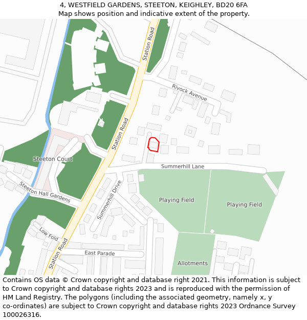 4, WESTFIELD GARDENS, STEETON, KEIGHLEY, BD20 6FA: Location map and indicative extent of plot