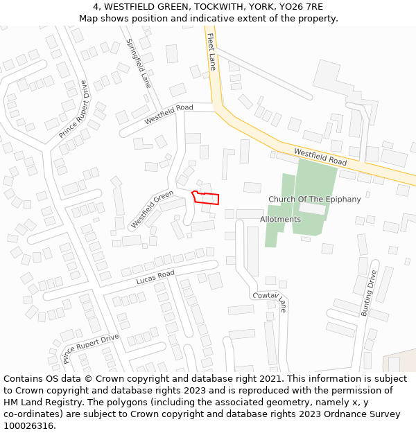 4, WESTFIELD GREEN, TOCKWITH, YORK, YO26 7RE: Location map and indicative extent of plot