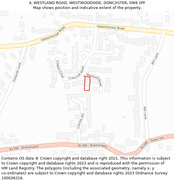 4, WESTLAND ROAD, WESTWOODSIDE, DONCASTER, DN9 2PF: Location map and indicative extent of plot