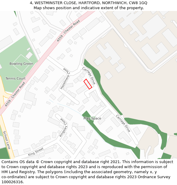 4, WESTMINSTER CLOSE, HARTFORD, NORTHWICH, CW8 1GQ: Location map and indicative extent of plot