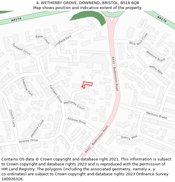 4, WETHERBY GROVE, DOWNEND, BRISTOL, BS16 6QB: Location map and indicative extent of plot