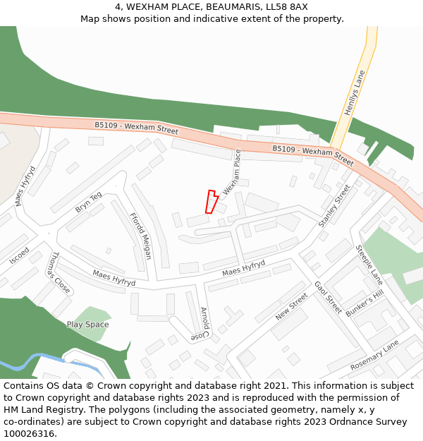 4, WEXHAM PLACE, BEAUMARIS, LL58 8AX: Location map and indicative extent of plot