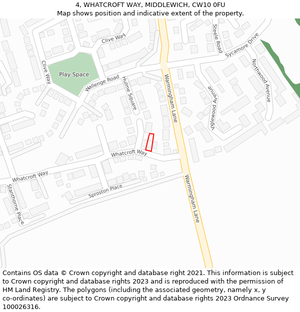 4, WHATCROFT WAY, MIDDLEWICH, CW10 0FU: Location map and indicative extent of plot