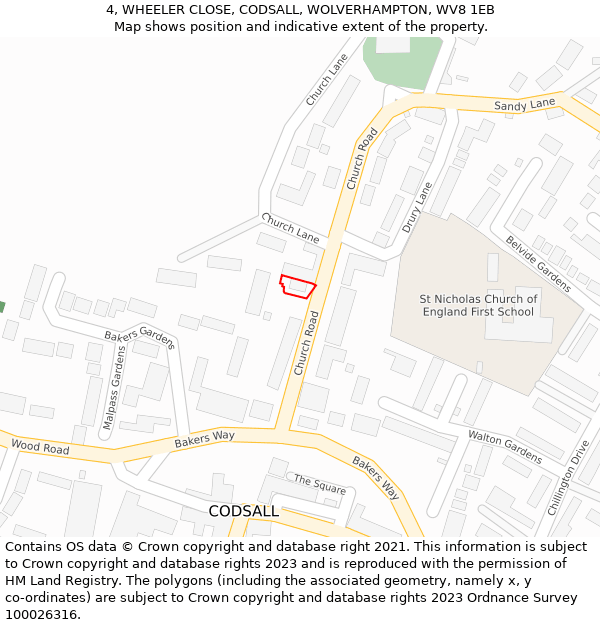 4, WHEELER CLOSE, CODSALL, WOLVERHAMPTON, WV8 1EB: Location map and indicative extent of plot