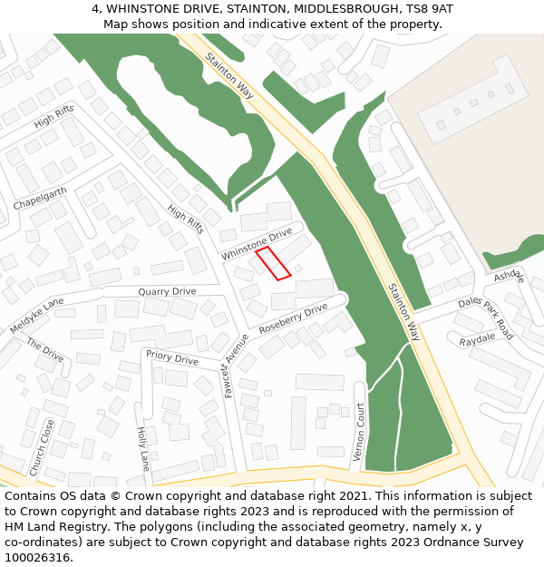 4, WHINSTONE DRIVE, STAINTON, MIDDLESBROUGH, TS8 9AT: Location map and indicative extent of plot