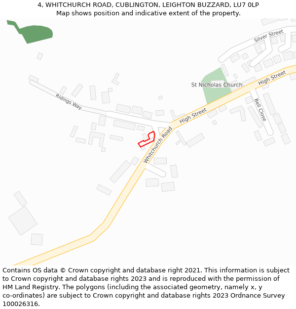 4, WHITCHURCH ROAD, CUBLINGTON, LEIGHTON BUZZARD, LU7 0LP: Location map and indicative extent of plot