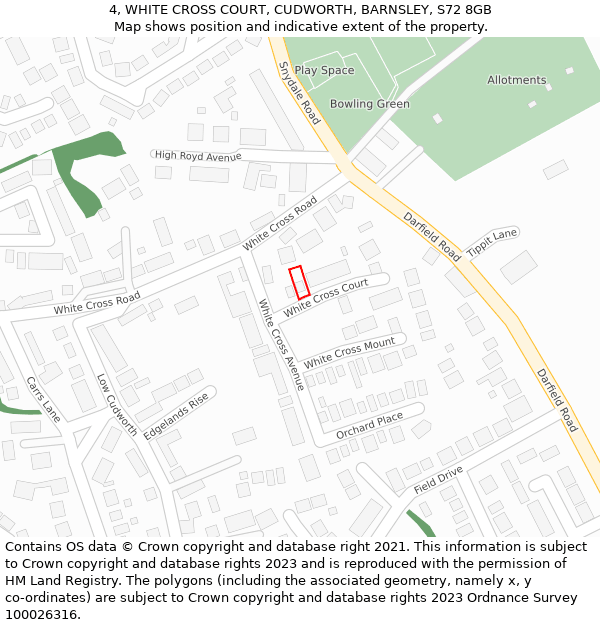 4, WHITE CROSS COURT, CUDWORTH, BARNSLEY, S72 8GB: Location map and indicative extent of plot