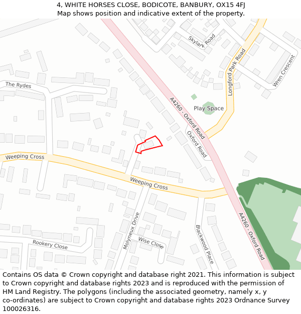 4, WHITE HORSES CLOSE, BODICOTE, BANBURY, OX15 4FJ: Location map and indicative extent of plot