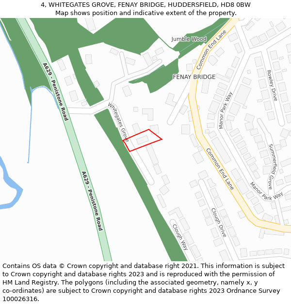 4, WHITEGATES GROVE, FENAY BRIDGE, HUDDERSFIELD, HD8 0BW: Location map and indicative extent of plot