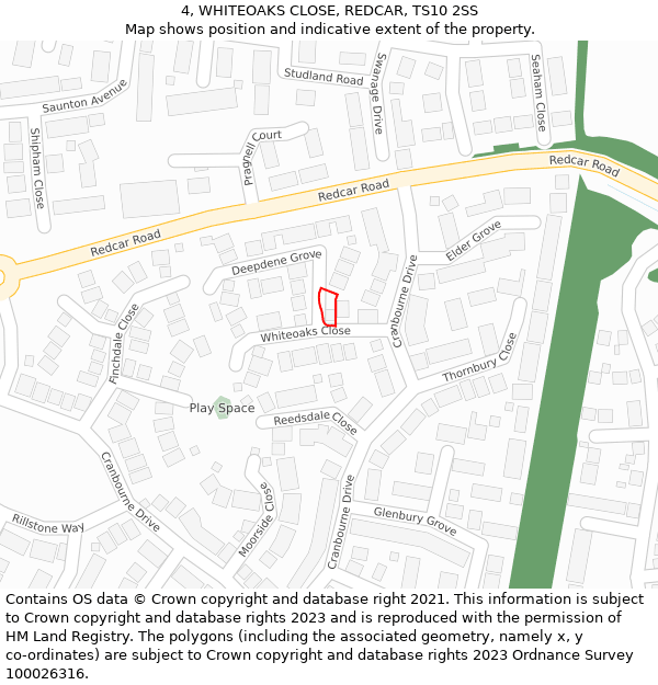 4, WHITEOAKS CLOSE, REDCAR, TS10 2SS: Location map and indicative extent of plot