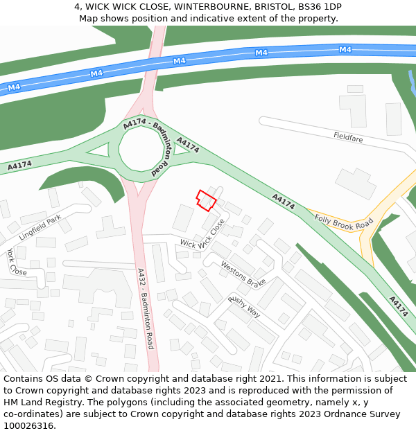 4, WICK WICK CLOSE, WINTERBOURNE, BRISTOL, BS36 1DP: Location map and indicative extent of plot