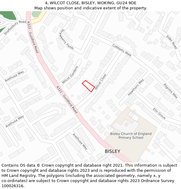 4, WILCOT CLOSE, BISLEY, WOKING, GU24 9DE: Location map and indicative extent of plot