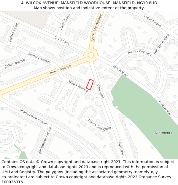 4, WILCOX AVENUE, MANSFIELD WOODHOUSE, MANSFIELD, NG19 8HD: Location map and indicative extent of plot