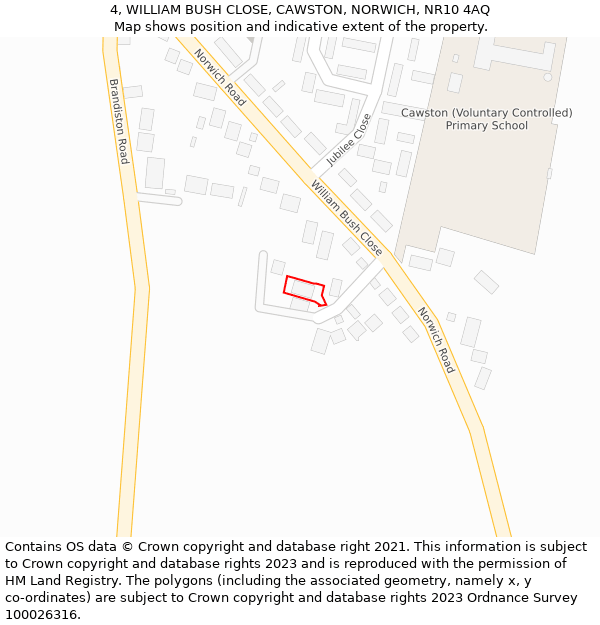 4, WILLIAM BUSH CLOSE, CAWSTON, NORWICH, NR10 4AQ: Location map and indicative extent of plot