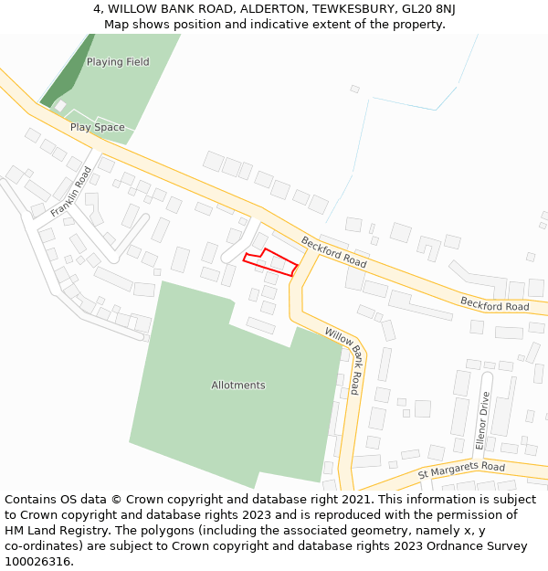 4, WILLOW BANK ROAD, ALDERTON, TEWKESBURY, GL20 8NJ: Location map and indicative extent of plot