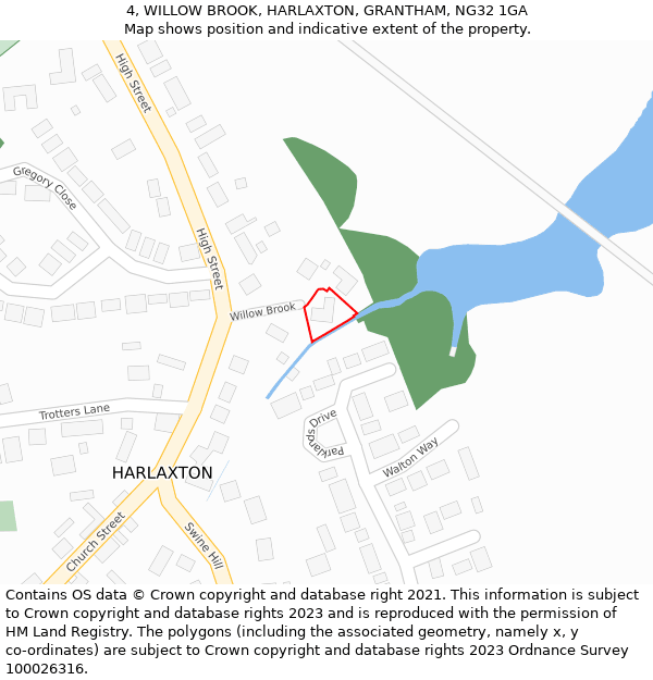 4, WILLOW BROOK, HARLAXTON, GRANTHAM, NG32 1GA: Location map and indicative extent of plot